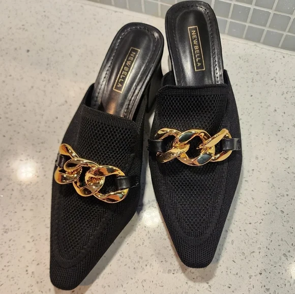 Newbella | Trendy Black Mules with Gold Chain | Size 7.5 Wide - Picture 7 of 14